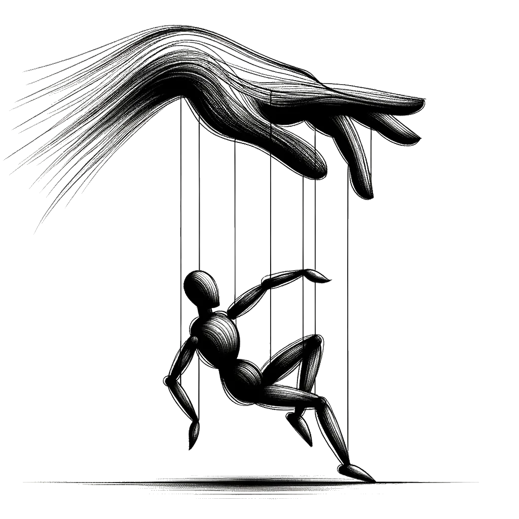 un dibujo de un títere en una cuerda representando el tema de Manipulación en blanco y negro.