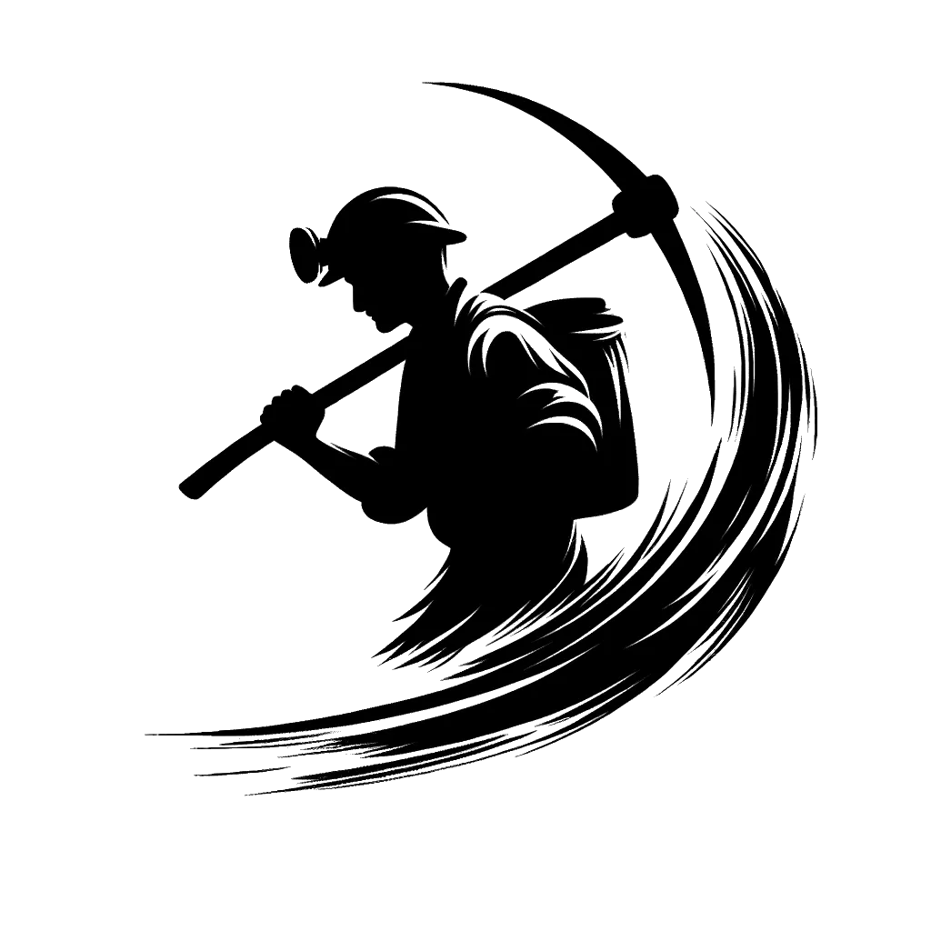 un dibujo de un minero con un pico representando el tema de Mano de Obra en blanco y negro.