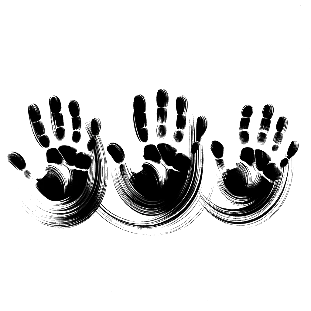 un dibujo de las huellas de las manos de tres niños representando el tema de Manos en blanco y negro.
