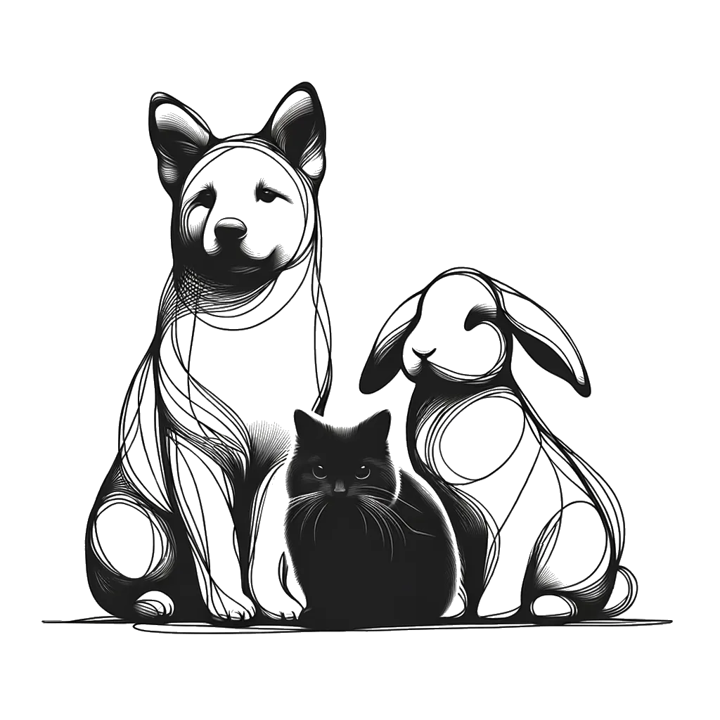 un dibujo de Un gato, un perro y un conejo se sentaron uno al lado del otro. representando el tema de Mascotas en blanco y negro.