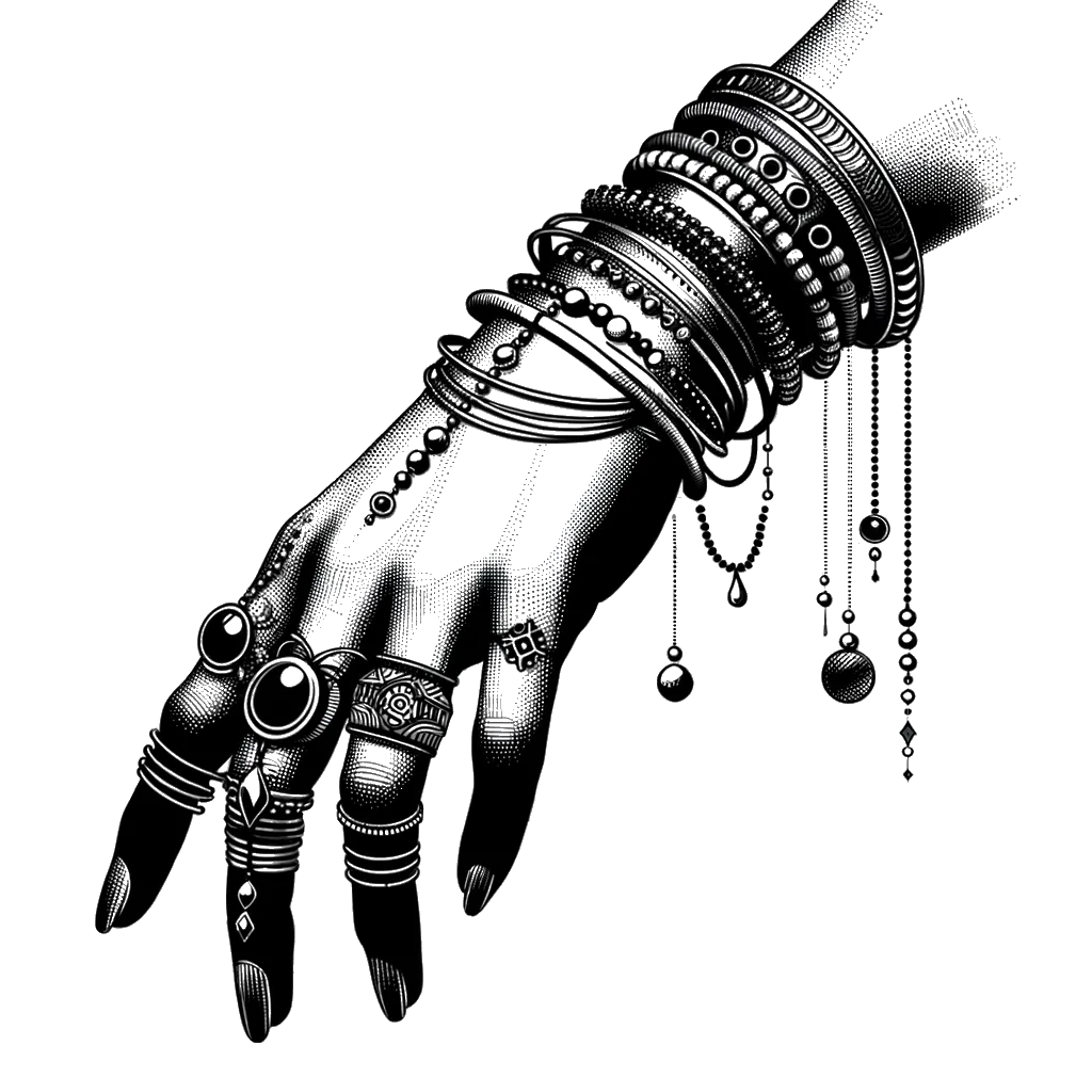 un dibujo de una mano y una muñeca cubiertas de anillos y joyas representando el tema de Materialismo en blanco y negro.