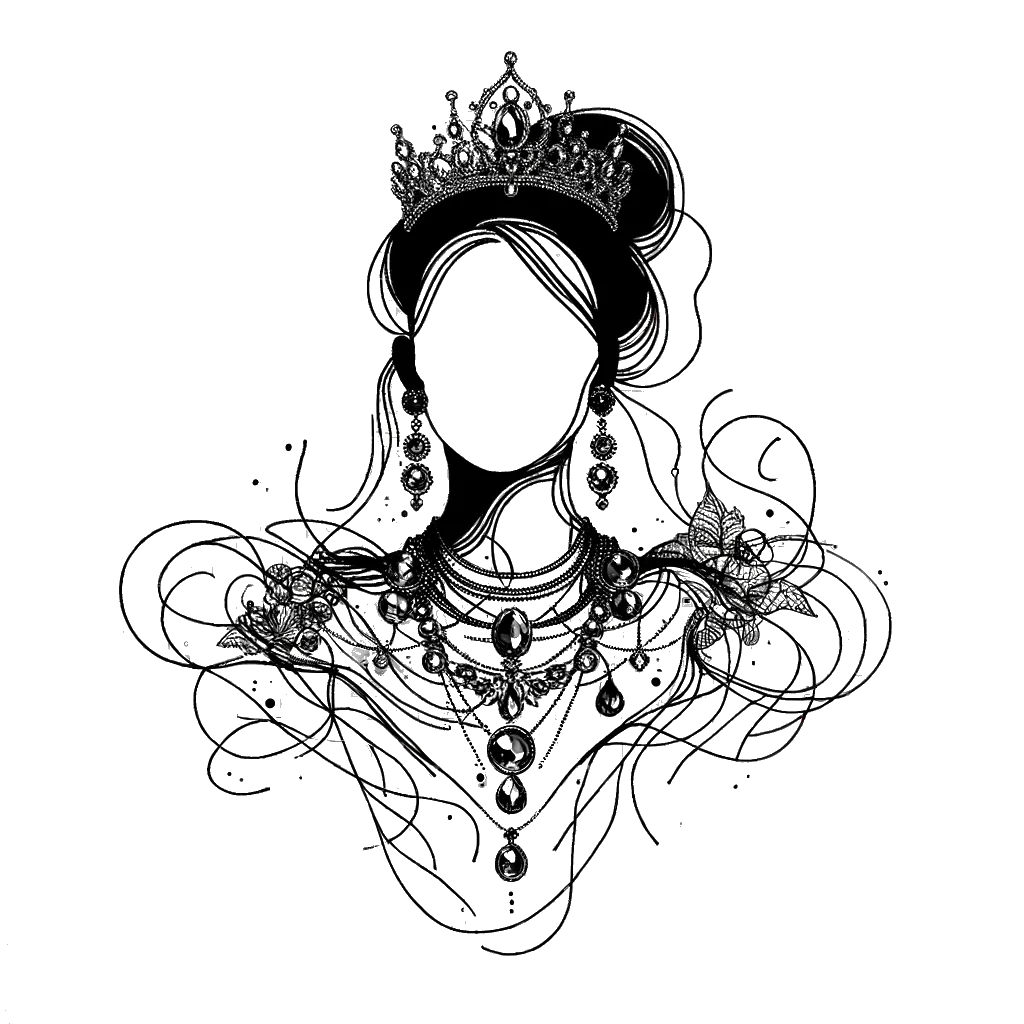 un dibujo de una mujer que lleva muchas joyas y una tiara representando el tema de Materialista en blanco y negro.
