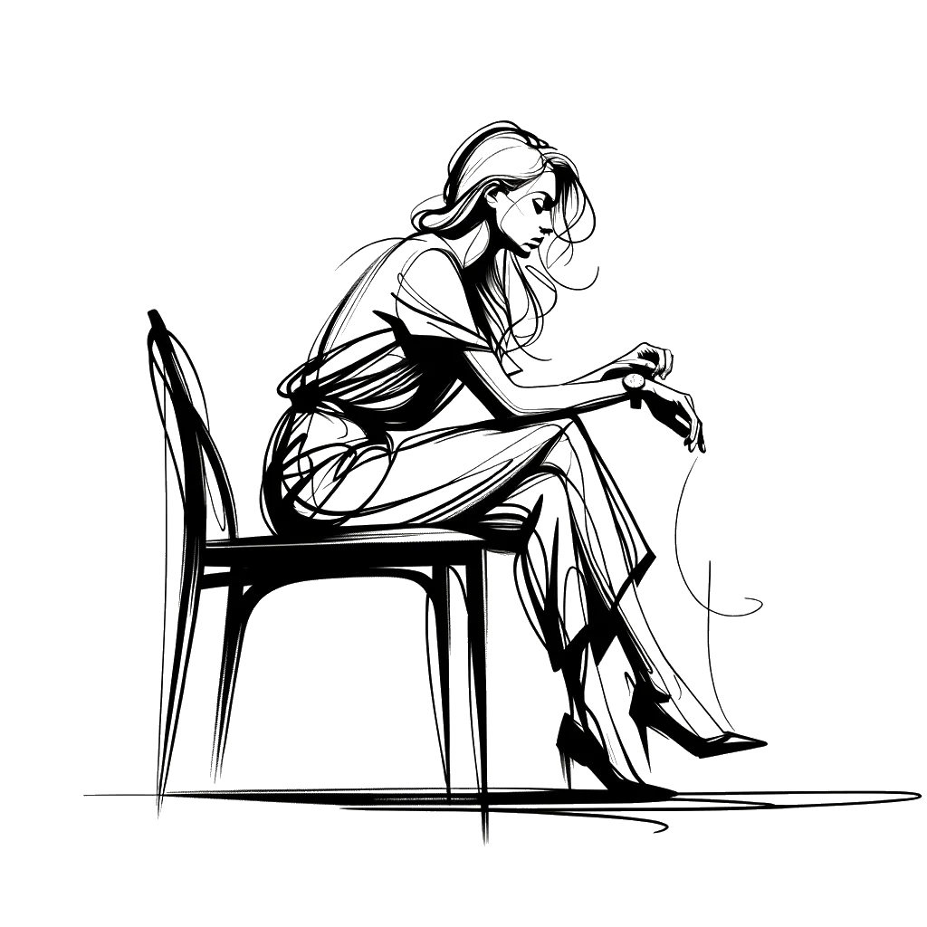 un dibujo de Una mujer rubia estaba sentada en una silla con las piernas cruzadas mirando su reloj aburrida. representando el tema de Mediocridad en blanco y negro.