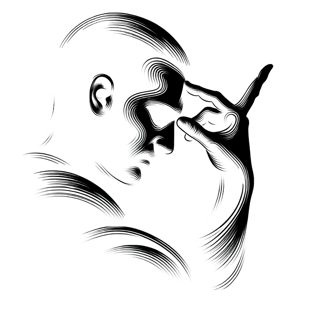 un dibujo de un hombre con dos dedos en la frente representando el tema de Mente en blanco y negro.