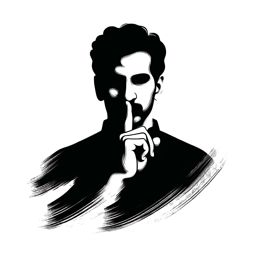un dibujo de un hombre con el dedo en los labios en blanco y negro representando el tema de Mentir en blanco y negro.