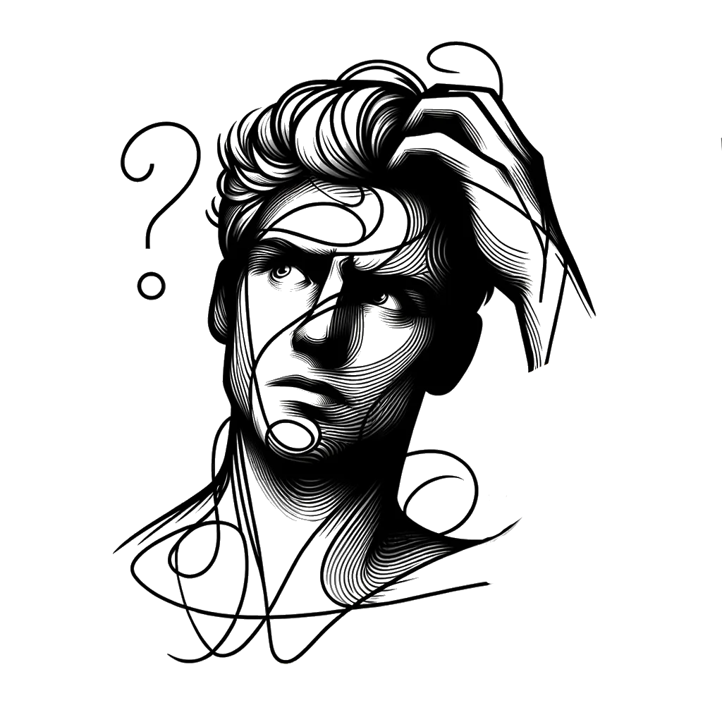un dibujo de un hombre rubio con la mano en la cabeza mirando confundido representando el tema de Misterio en blanco y negro.