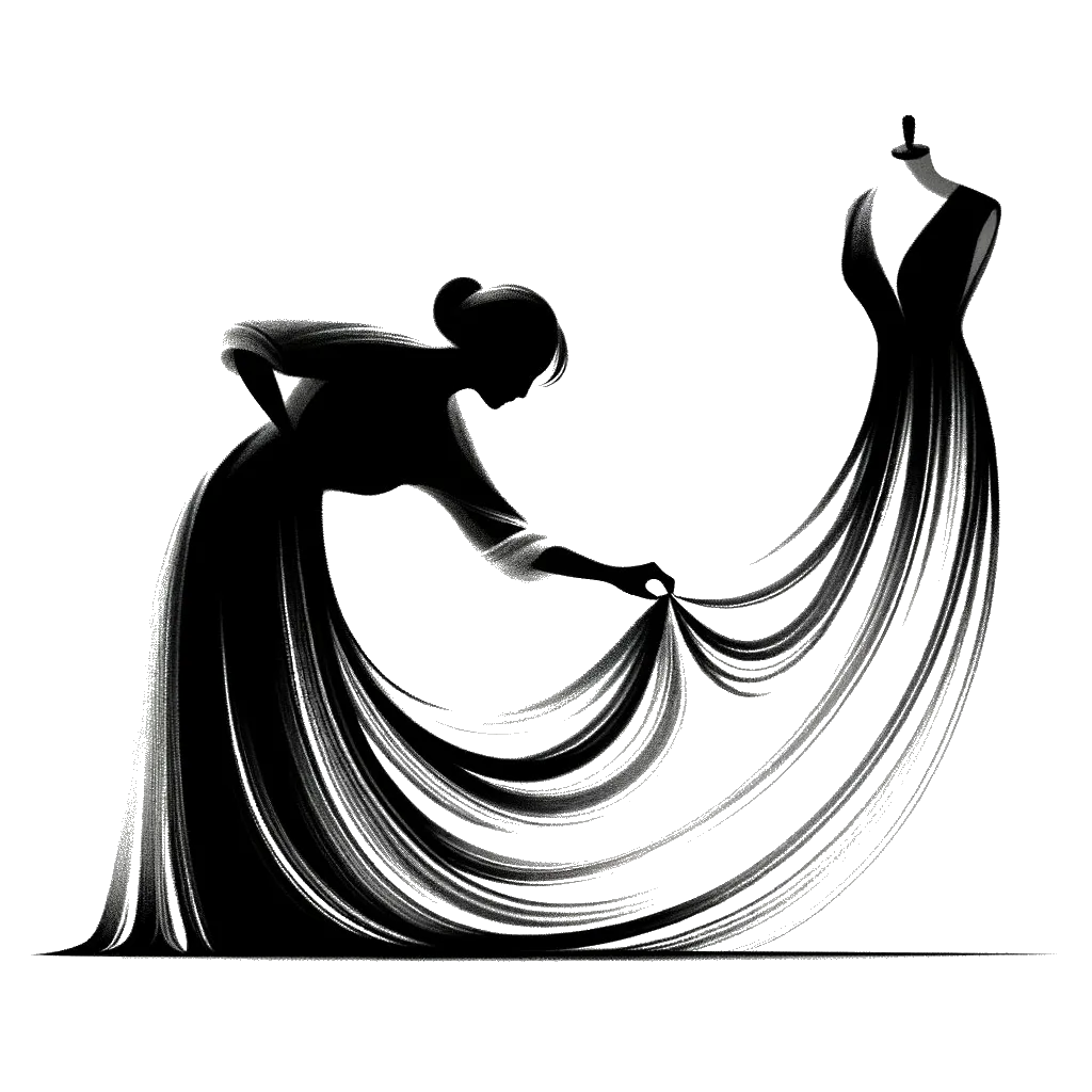 un dibujo de una modista bajando el largo de un vestido representando el tema de Moderación en blanco y negro.