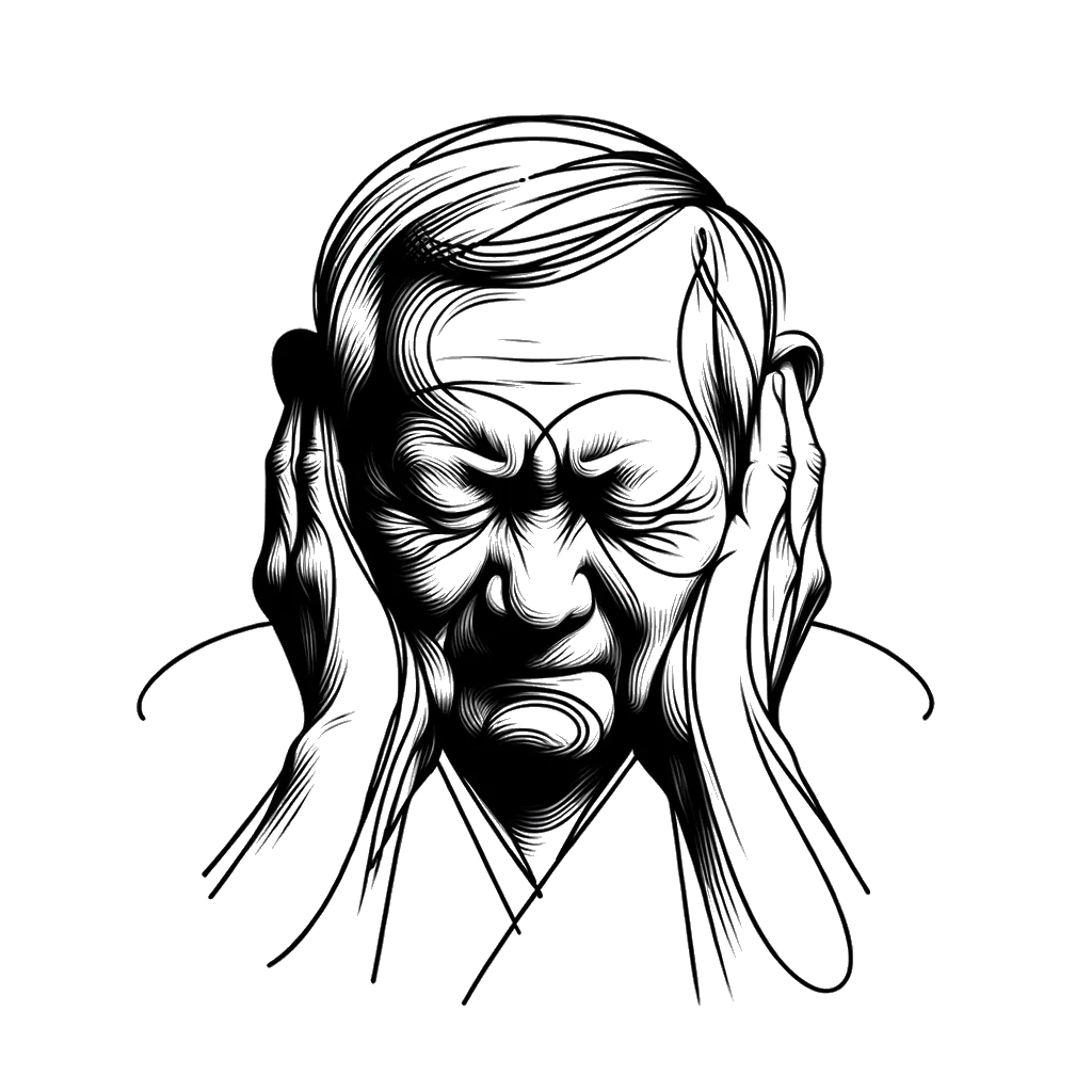 un dibujo de un hombre mayor tapándose los oídos con aspecto molesto representando el tema de Molestando en blanco y negro.