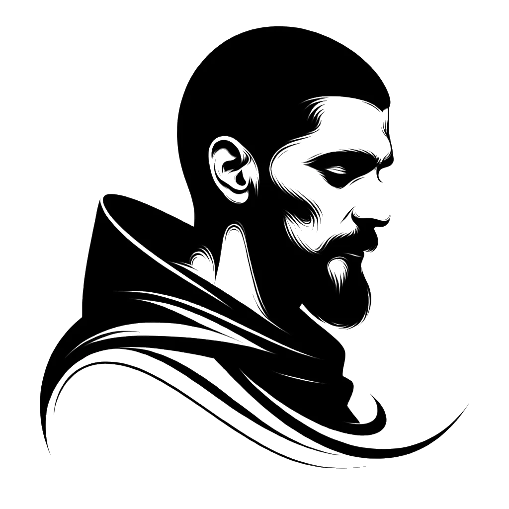 un dibujo de un monje cristiano representando el tema de Moral en blanco y negro.