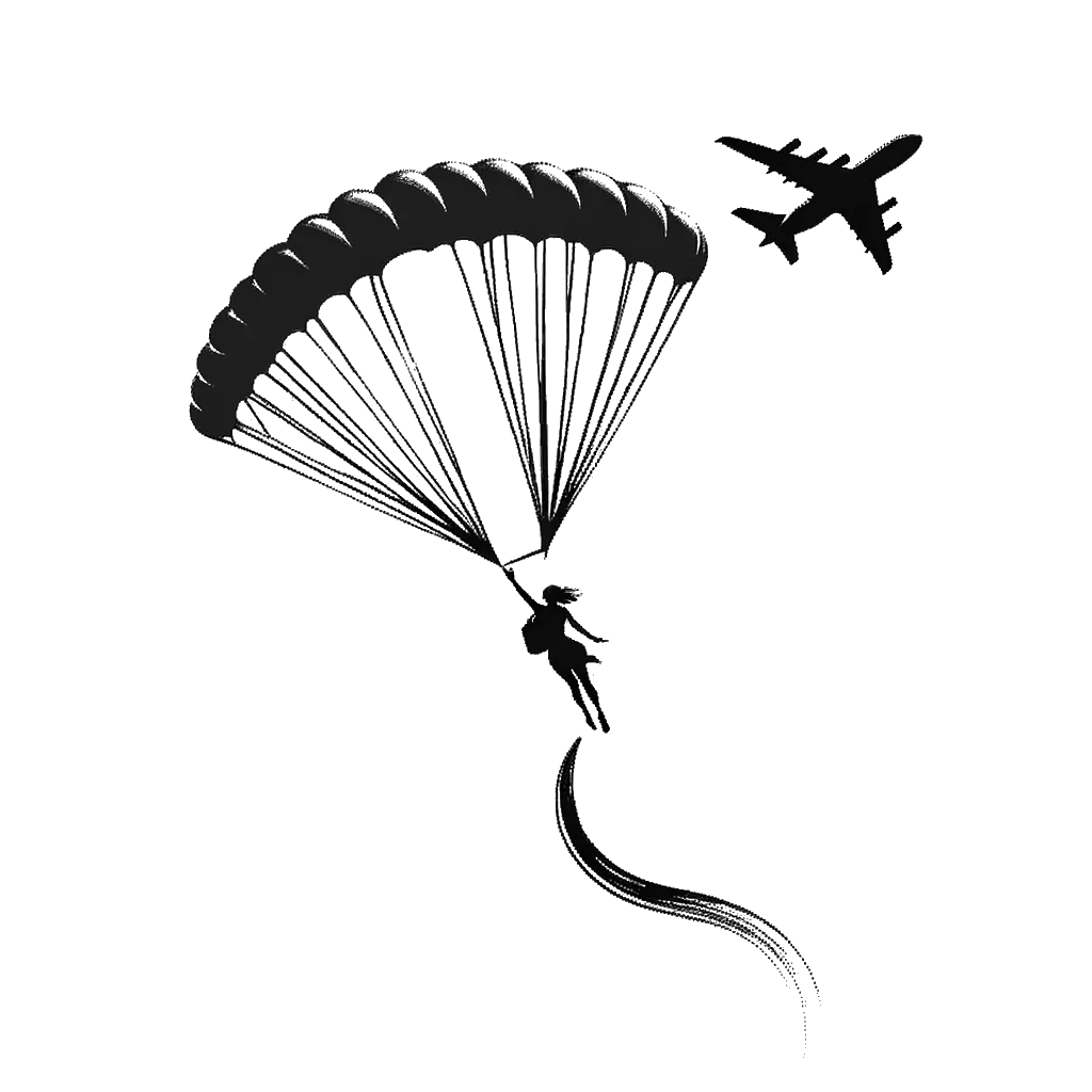 un dibujo de una mujer saltando de un avión con un paracaídas representando el tema de Motivación en blanco y negro.