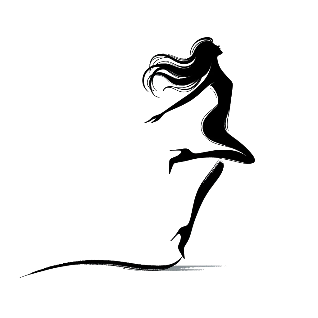 un dibujo de una mujer en tacones altos corriendo y saltando de alegría representando el tema de Moviéndose en blanco y negro.