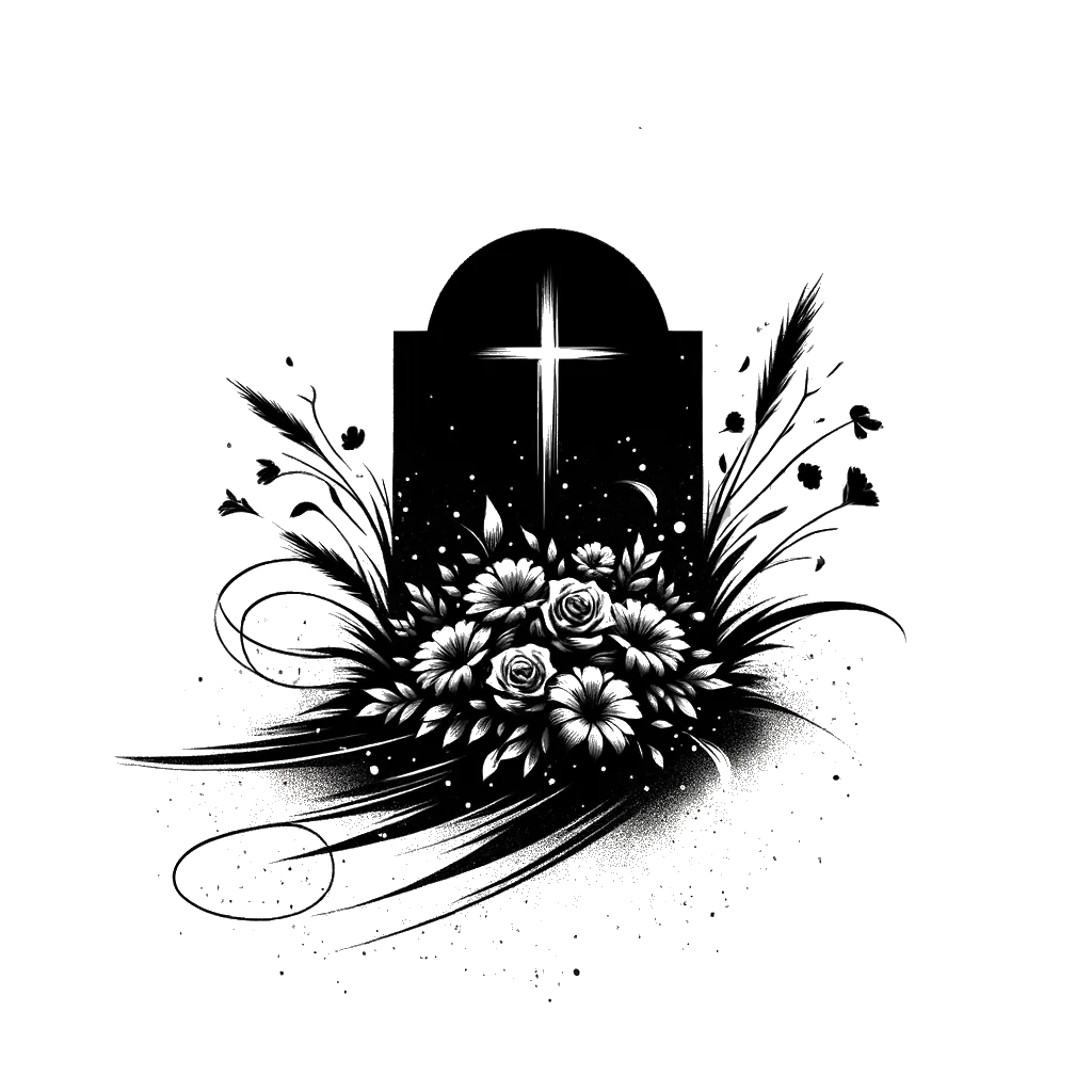 un dibujo de una tumba con flores colocadas encima representando el tema de Muerte en blanco y negro.