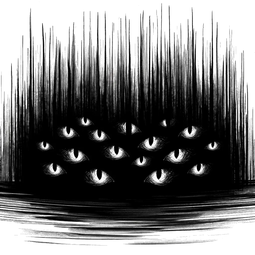 un dibujo de mirando hacia el bosque con muchos ojos de animales apareciendo en la oscuridad representando el tema de Mundo Salvaje en blanco y negro.