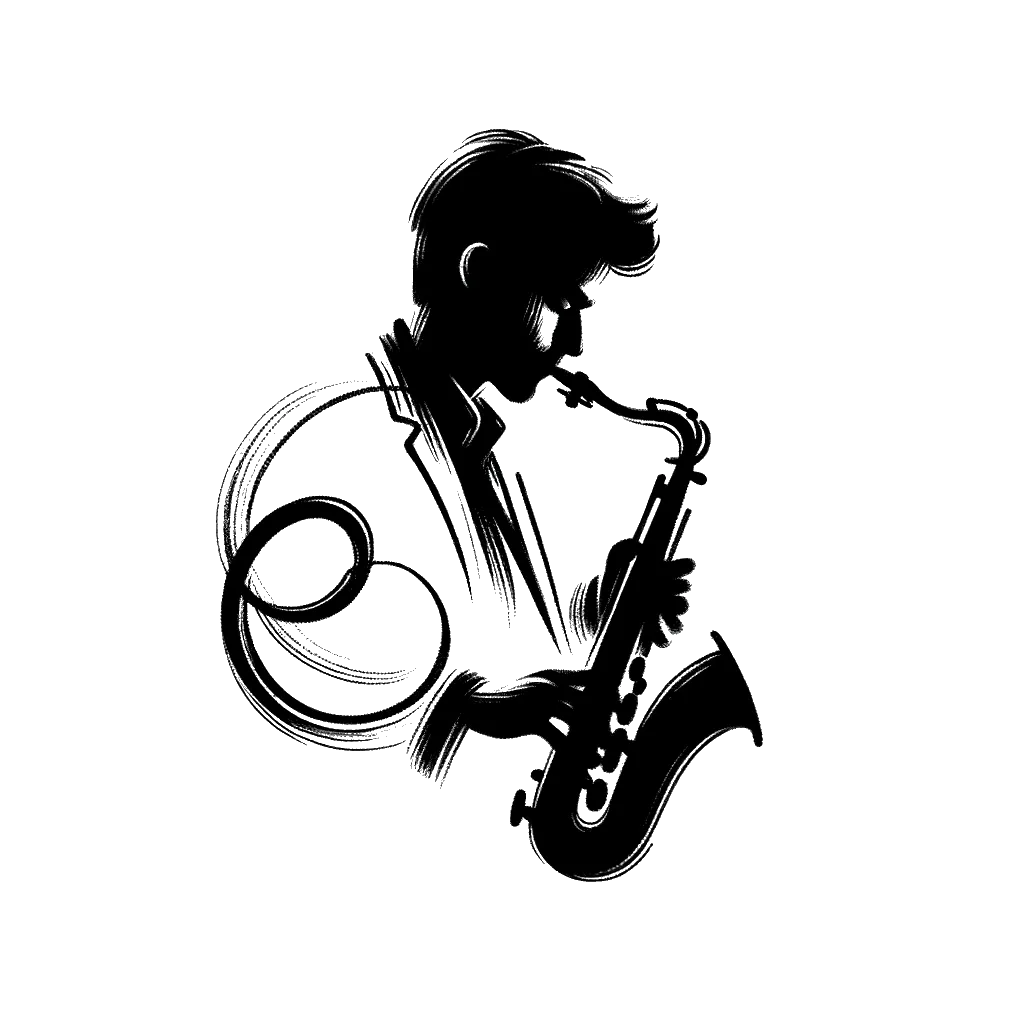 un dibujo de un hombre tocando un saxofón representando el tema de Música en blanco y negro.
