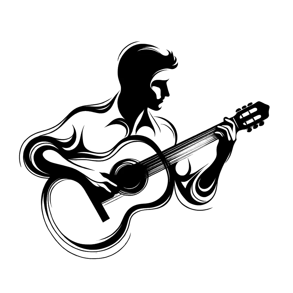 un dibujo de un hombre rubio tocando la guitarra representando el tema de Músicos en blanco y negro.