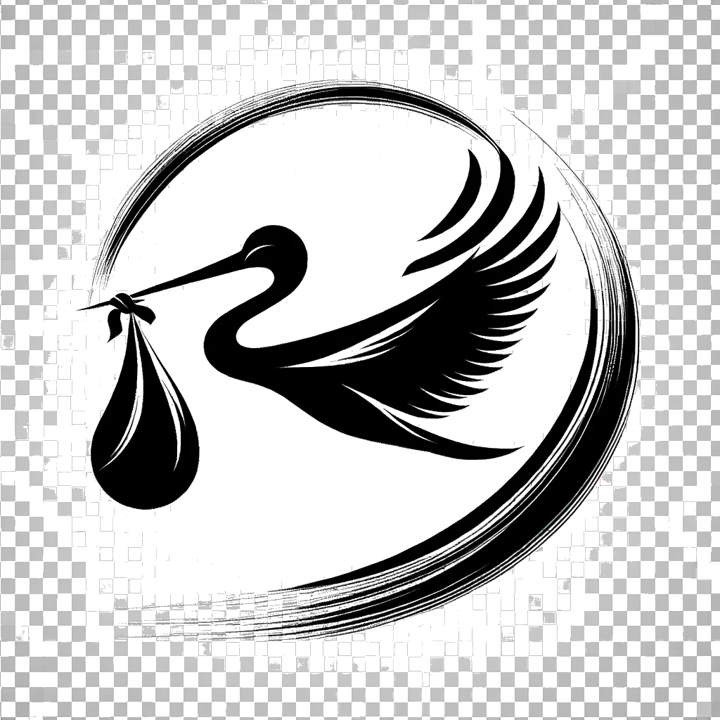 un dibujo de una cigüeña entregando un bebé en un paquete en blanco y negro representando el tema de Nacimiento en blanco y negro.