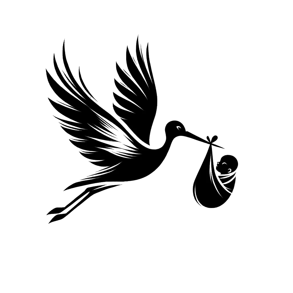 un dibujo de una cigüeña volando con un bebé en un paquete representando el tema de Nacimiento de un Niño en blanco y negro.