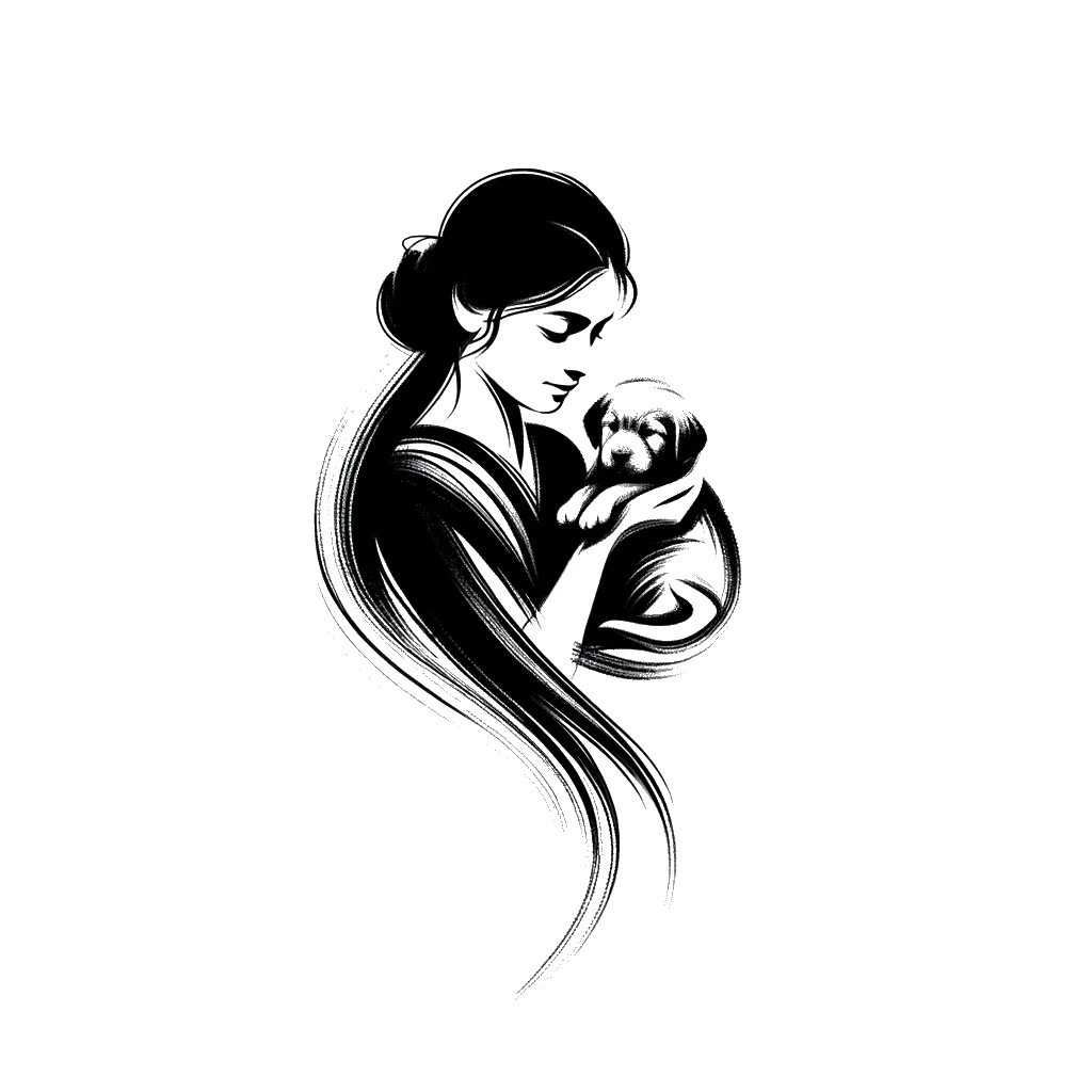 un dibujo de una niña pequeña sosteniendo un cachorro representando el tema de Nacimiento Nuevo en blanco y negro.