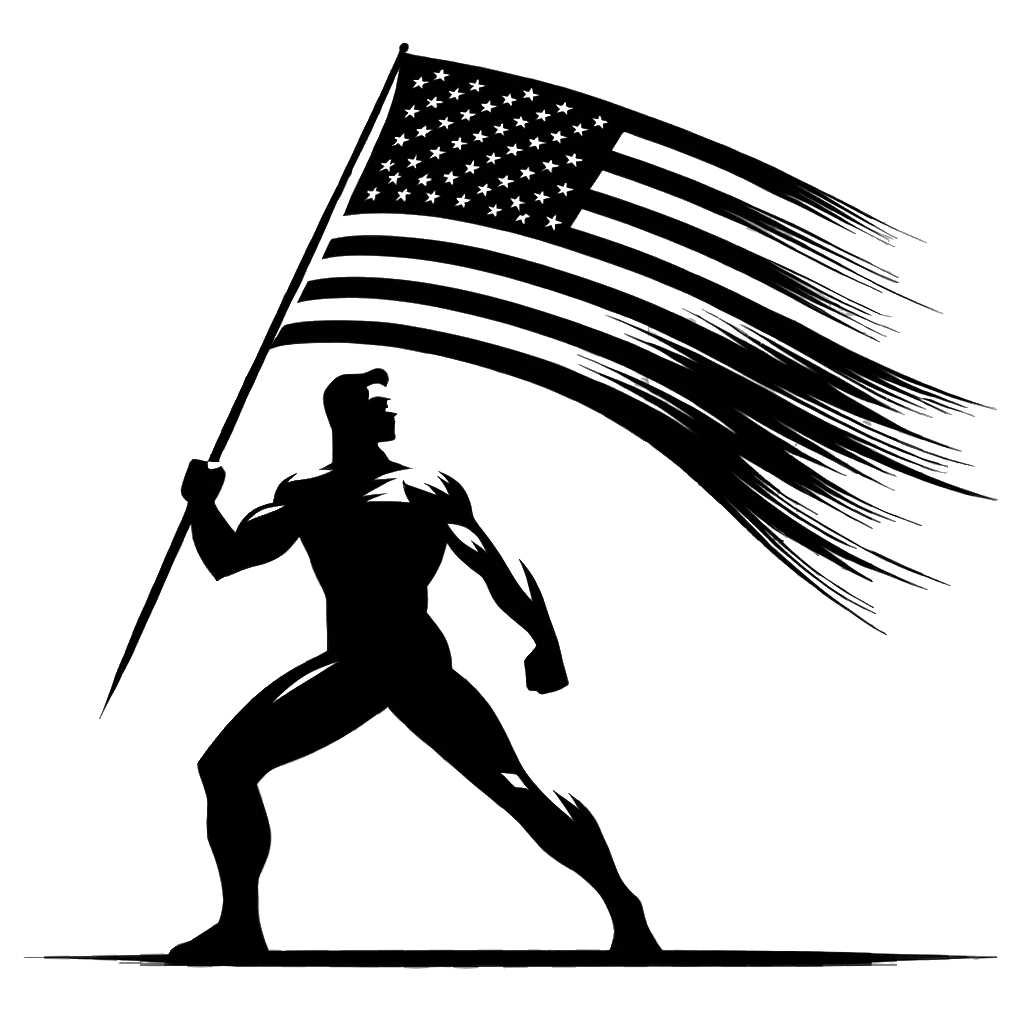 un dibujo de un hombre sosteniendo una gran bandera estadounidense representando el tema de Nacionalismo en blanco y negro.