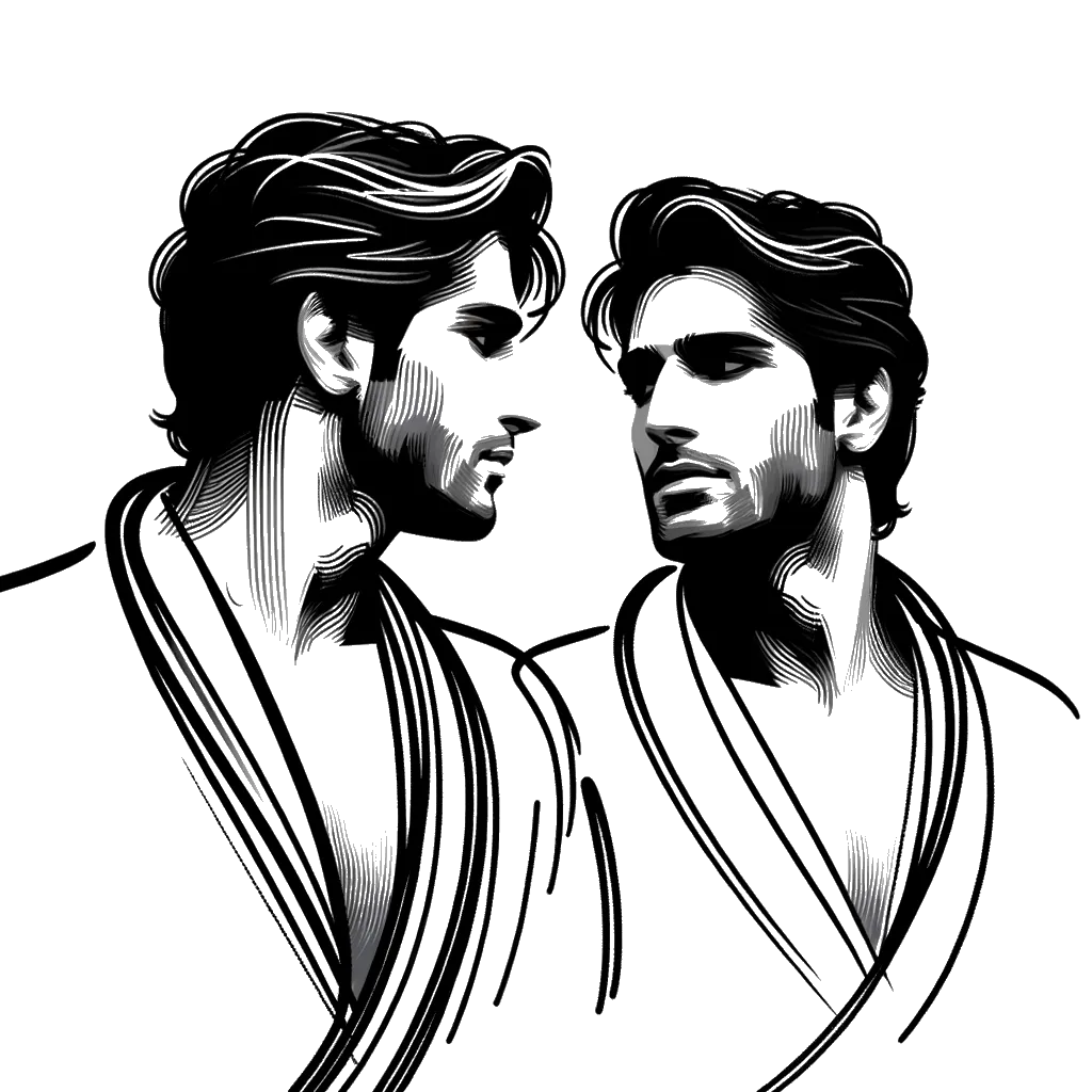 un dibujo de un hombre guapo mirándose en un espejo representando el tema de Narcisismo en blanco y negro.