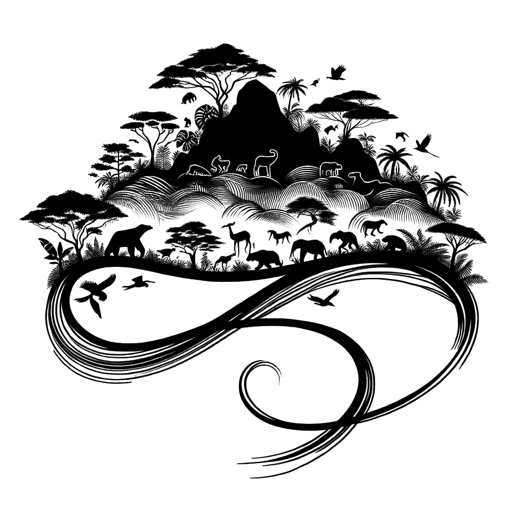 un dibujo de una selva con animales representando el tema de Naturaleza en blanco y negro.