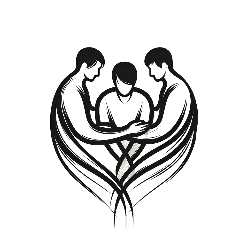 un dibujo de un hombre sostenido por otros dos hombres a cada lado representando el tema de Necesidades en blanco y negro.