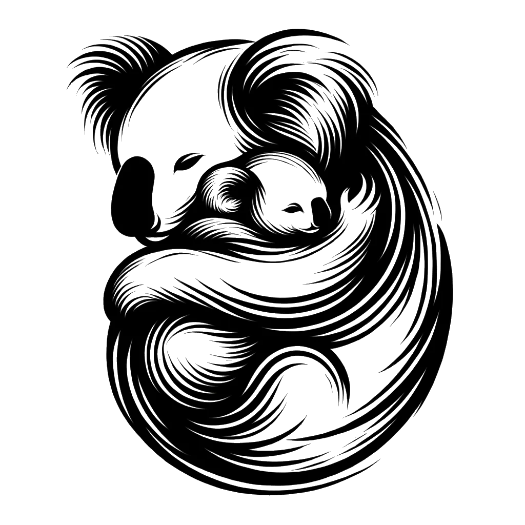 un dibujo de un bebé koala aferrado a su madre representando el tema de Necesitado en blanco y negro.