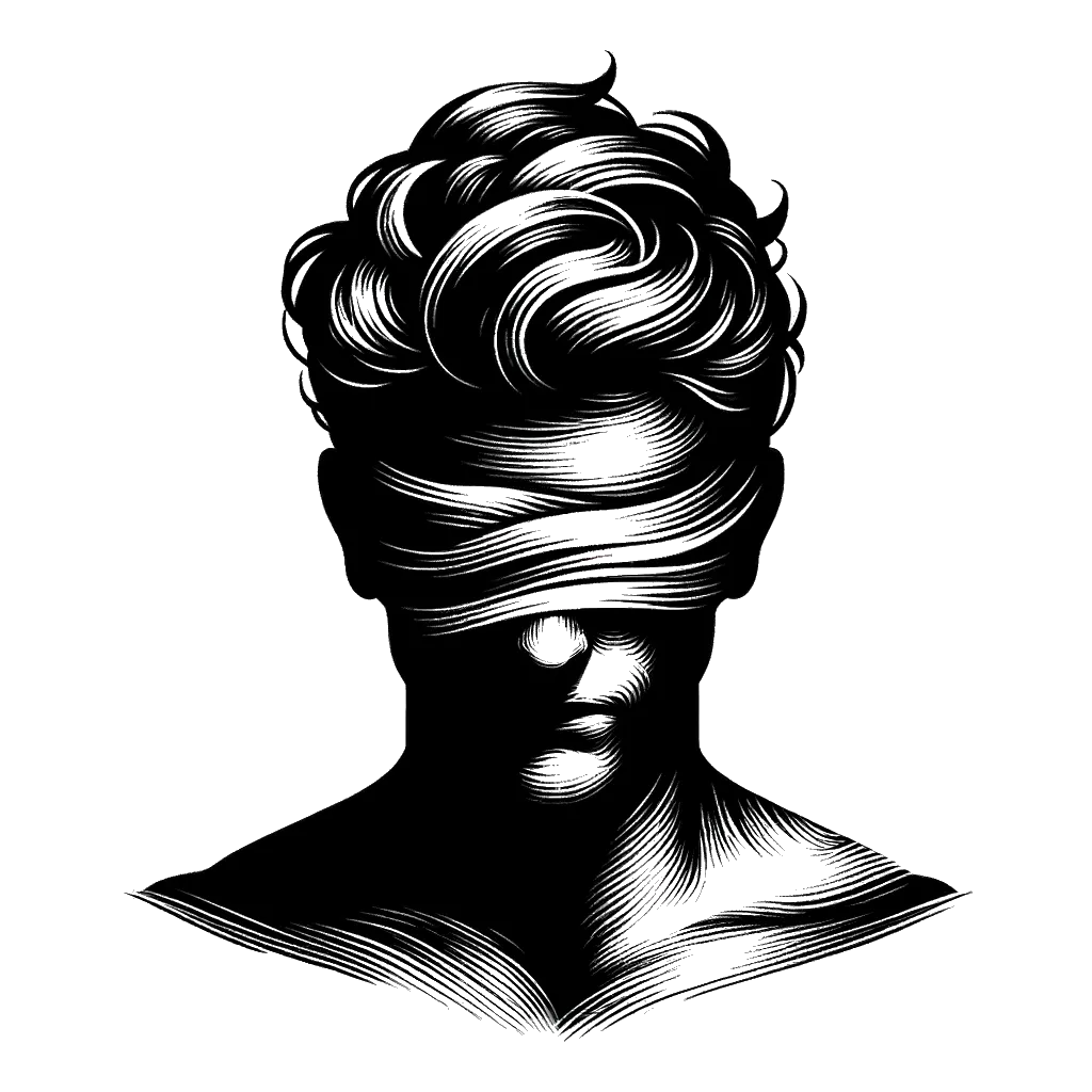 un dibujo de un hombre con los ojos cubiertos con un paño representando el tema de Negación en blanco y negro.