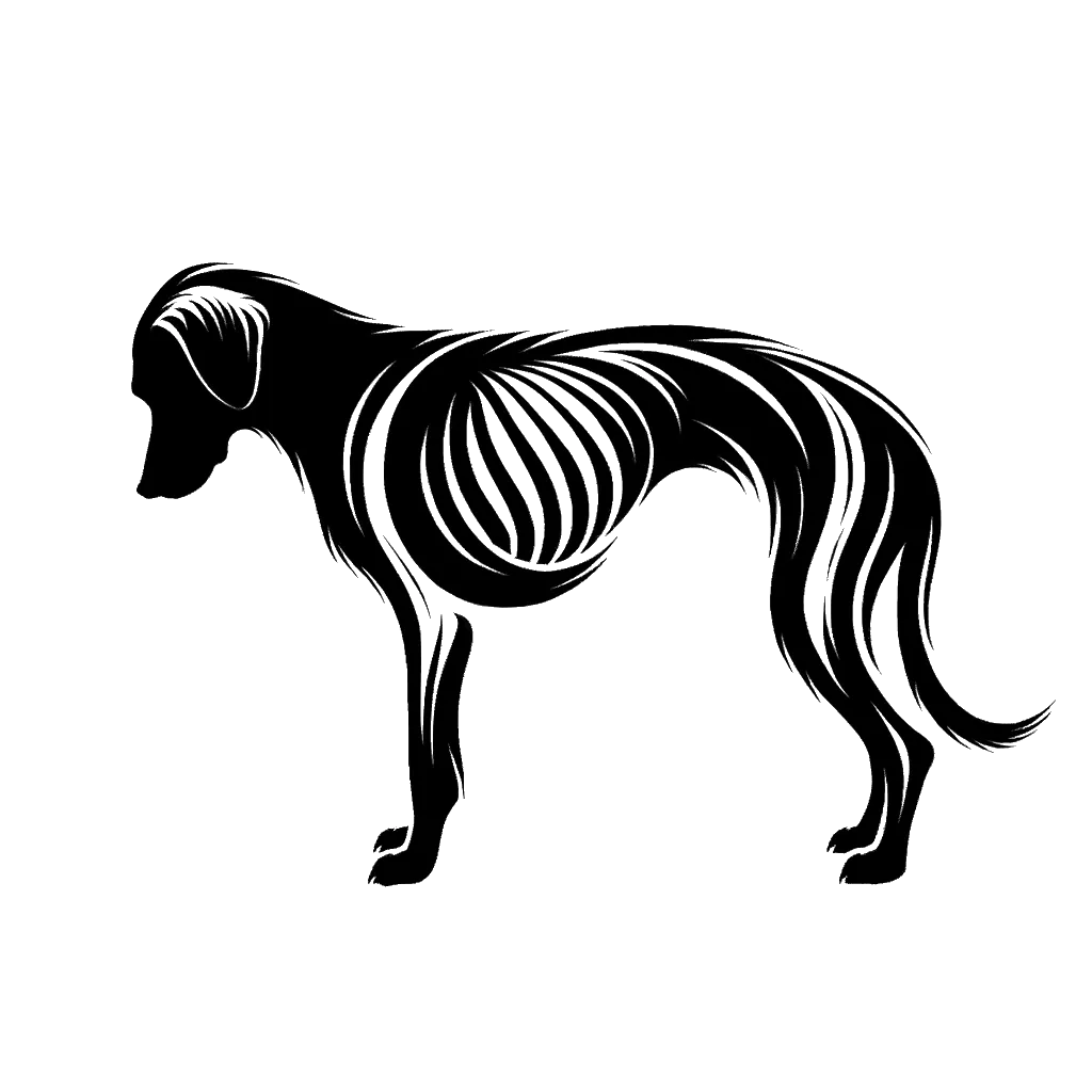 un dibujo de un perro muy enfermo y delgado, con las costillas visibles y la cola entre las patas representando el tema de Negligencia en blanco y negro.