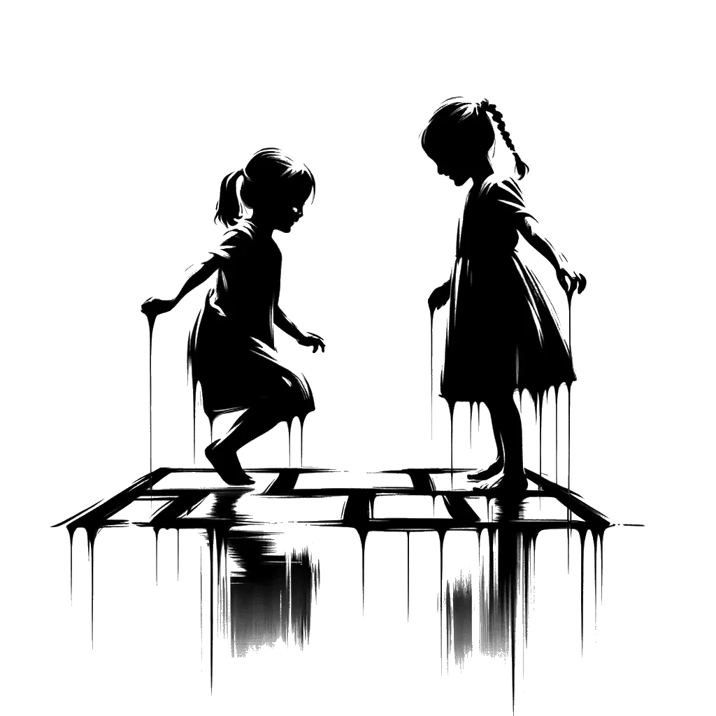 un dibujo de dos niñas pequeñas jugando a la rayuela representando el tema de Niñas en blanco y negro.