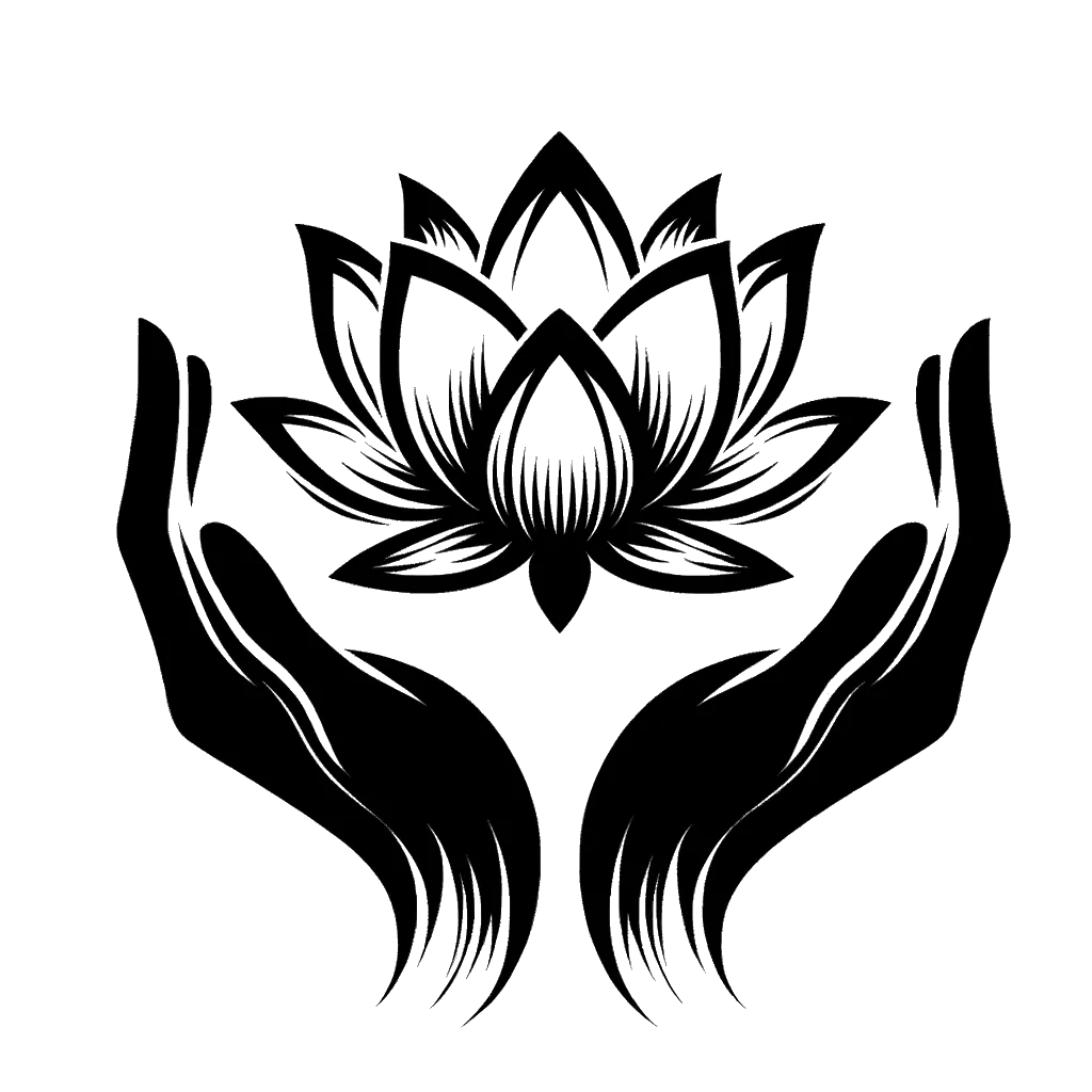 un dibujo de una flor de loto en un par de manos abiertas representando el tema de Nirvana en blanco y negro.