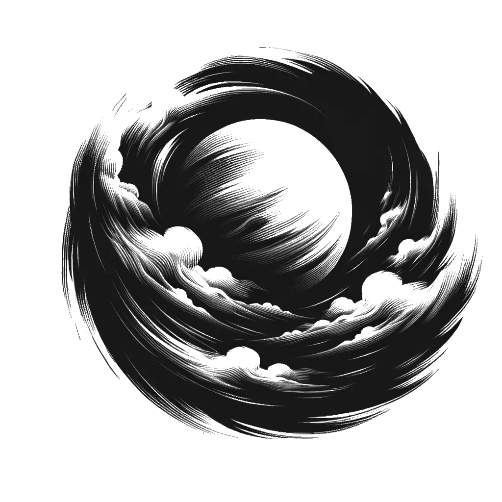un dibujo de la luna con nubes representando el tema de Noche en blanco y negro.