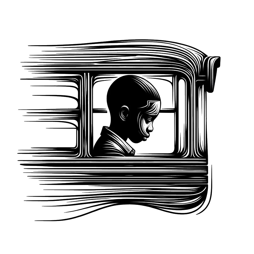un dibujo de un niño mirando triste por la ventana de un autobús escolar representando el tema de Nostalgia en blanco y negro.