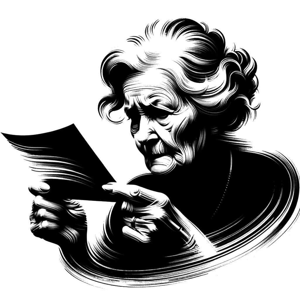 un dibujo de una mujer mayor abriendo una carta con expresión de preocupación representando el tema de Noticias en blanco y negro.