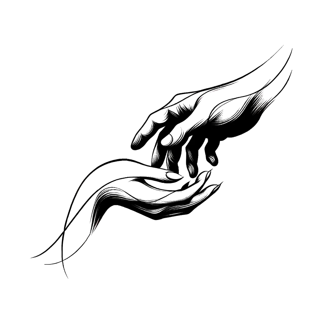 un dibujo de una mano de hombre sosteniendo una mano de mujer representando el tema de Nuevas Relaciones en blanco y negro.