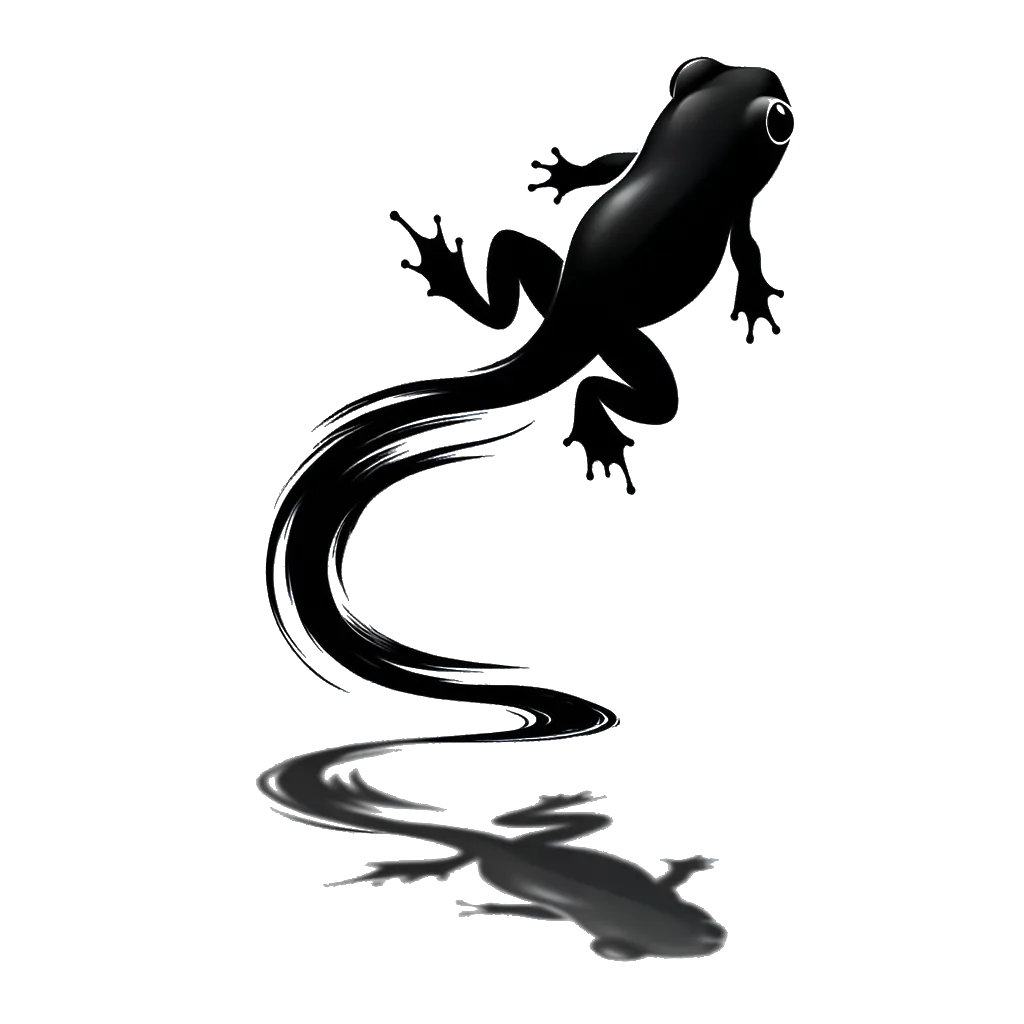 un dibujo de un renacuajo con patas que se convierte en rana representando el tema de Nuevo Comienzo en blanco y negro.