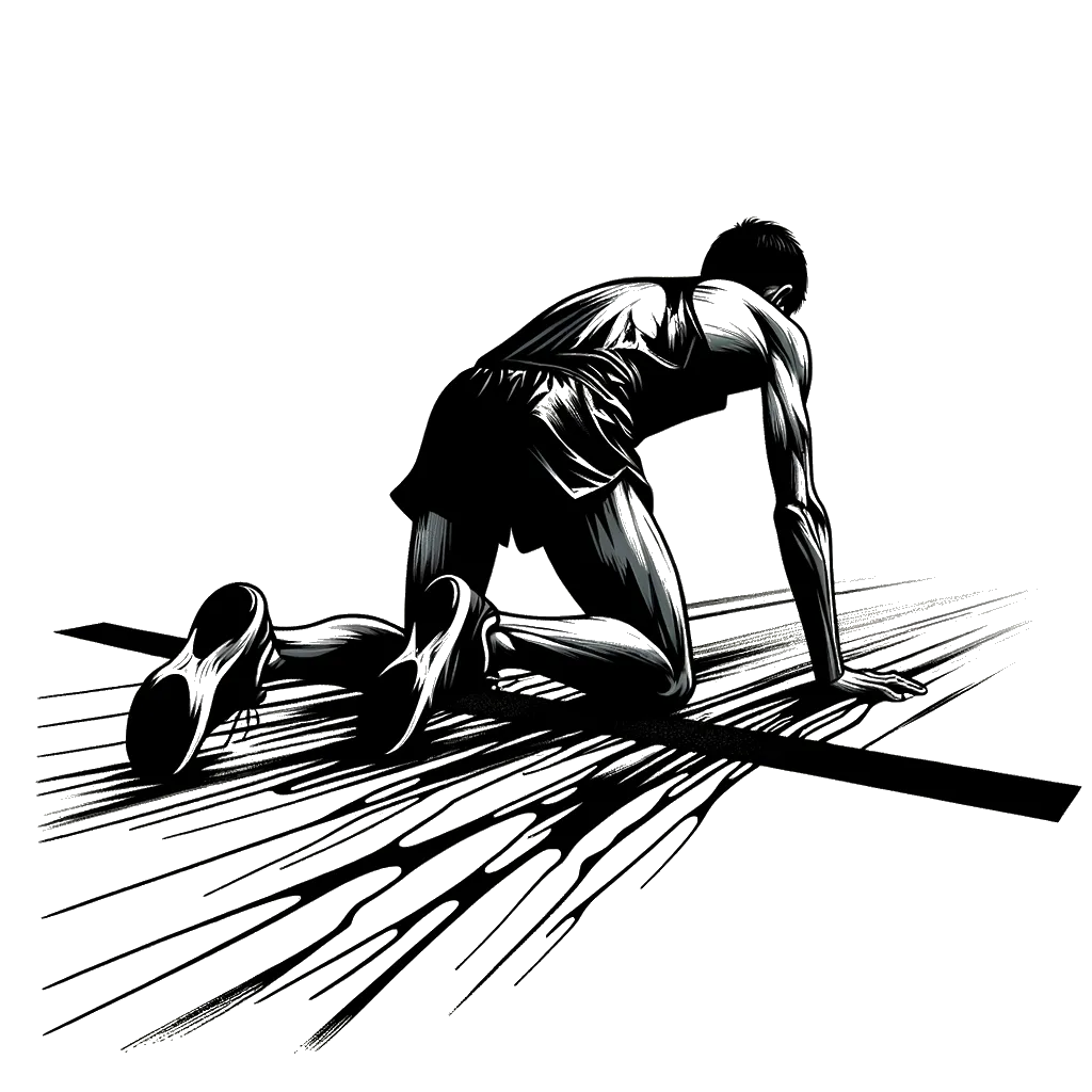 un dibujo de un corredor de maratón exhausto arrastrándose sobre la línea de meta a gatas representando el tema de Nunca Rendirse en blanco y negro.