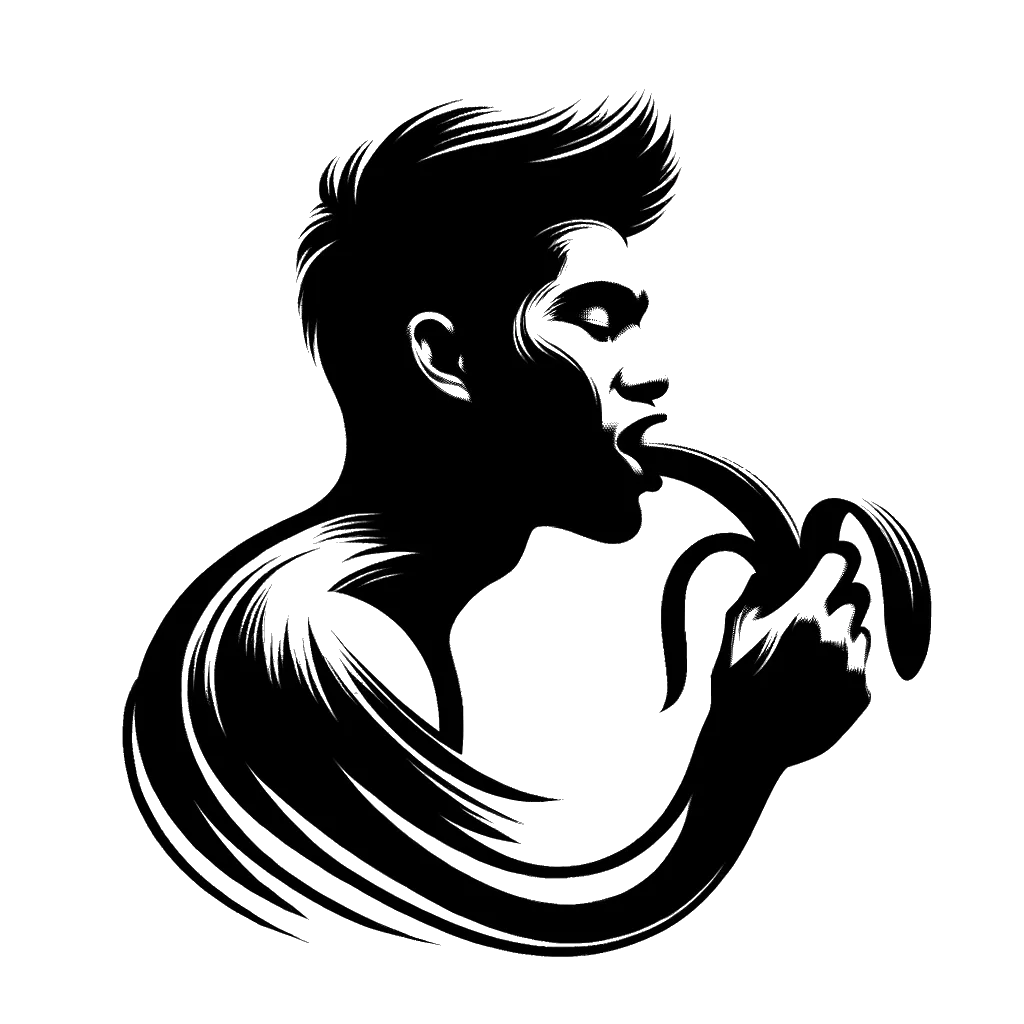 un dibujo de un hombre comiendo un plátano representando el tema de Nutrición en blanco y negro.
