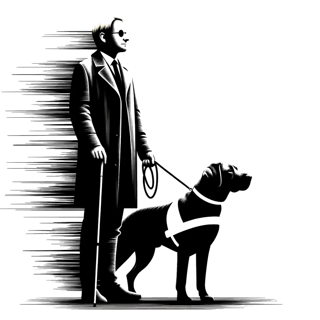 un dibujo de un hombre rubio con un perro lazarillo representando el tema de Obediencia en blanco y negro.