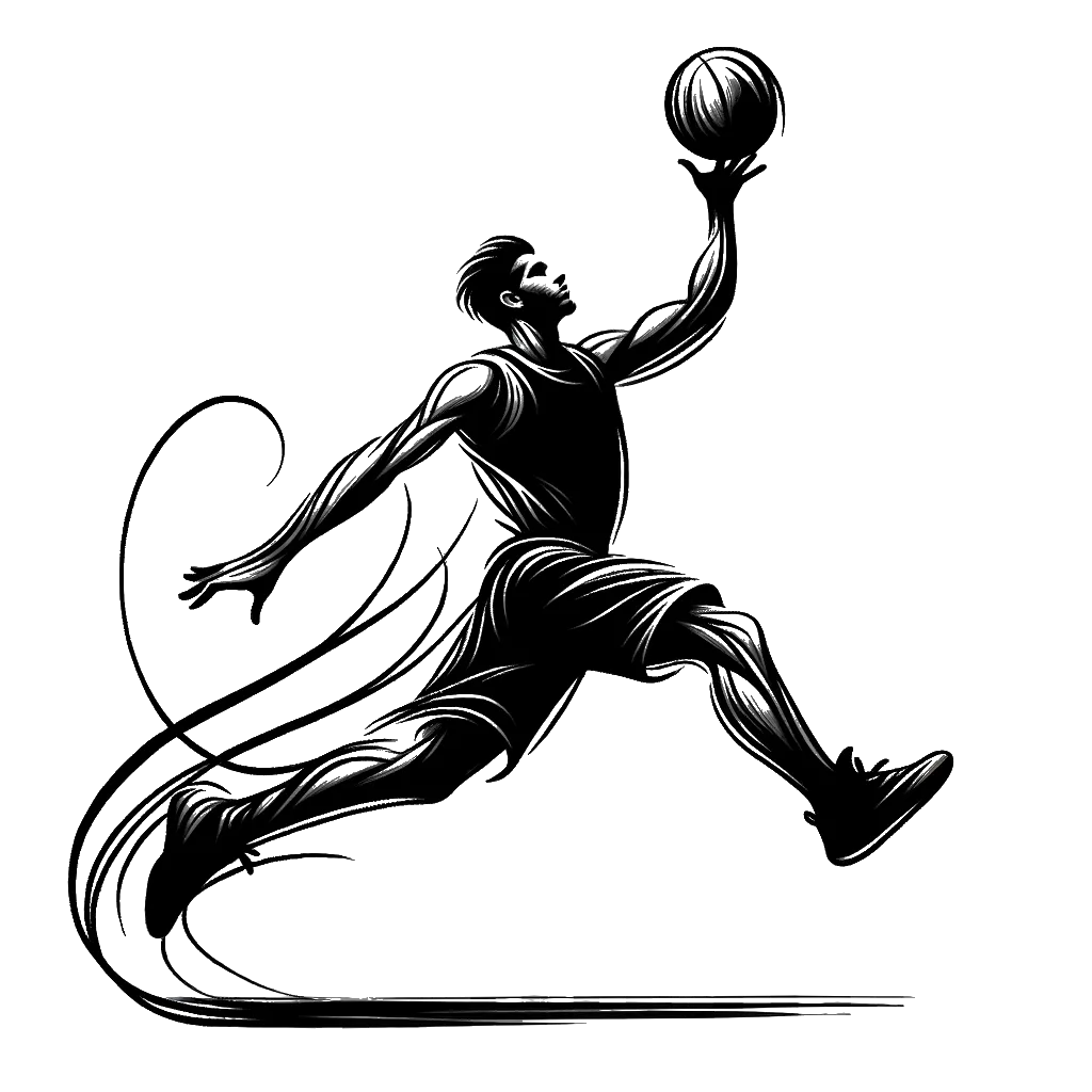 un dibujo de Un jugador de baloncesto masculino anotando una canasta. representando el tema de Objetivos en blanco y negro.