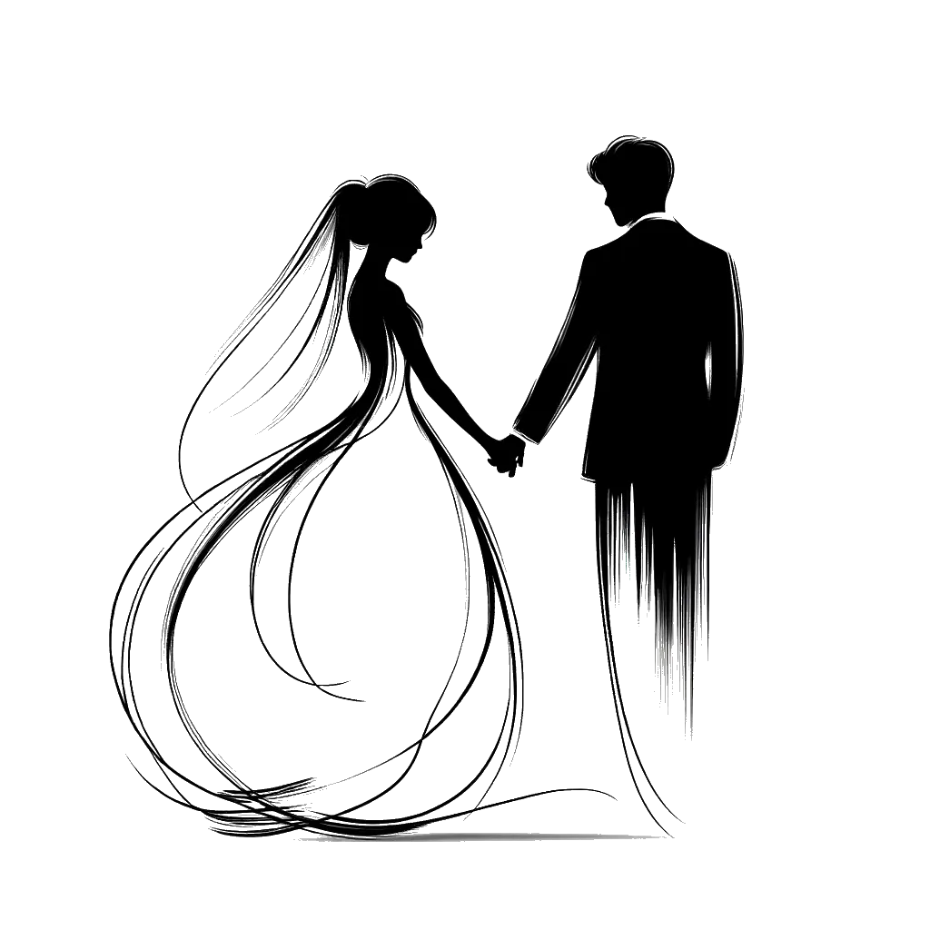 un dibujo de una novia recién casada y un novio tomados de la mano representando el tema de Obligación en blanco y negro.