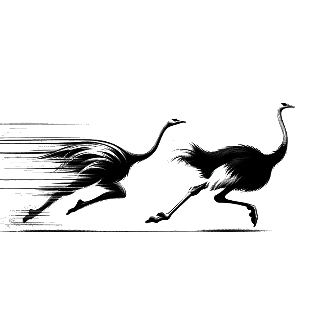 un dibujo de Un avestruz persiguiendo a otro avestruz. representando el tema de Obsesión en blanco y negro.