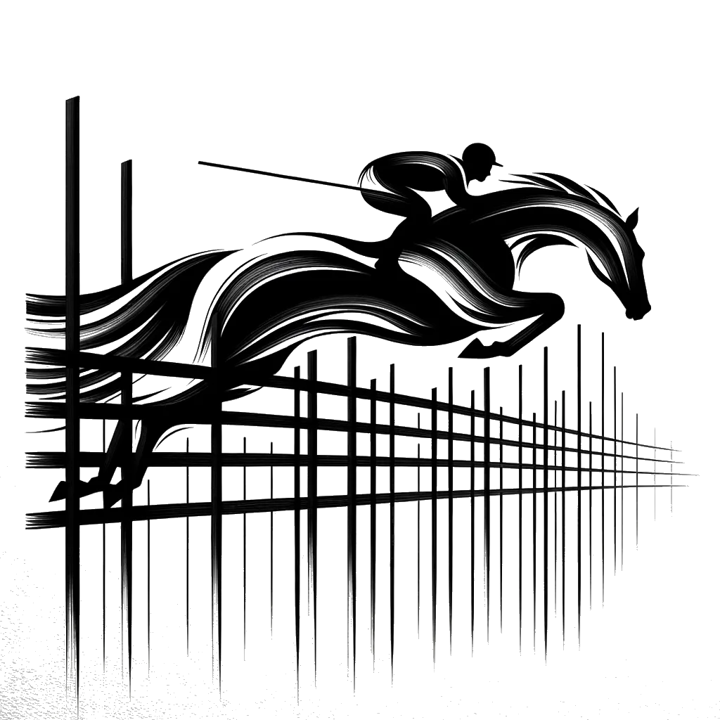 un dibujo de un caballo y jinete saltando sobre una valla representando el tema de Obstáculo en blanco y negro.