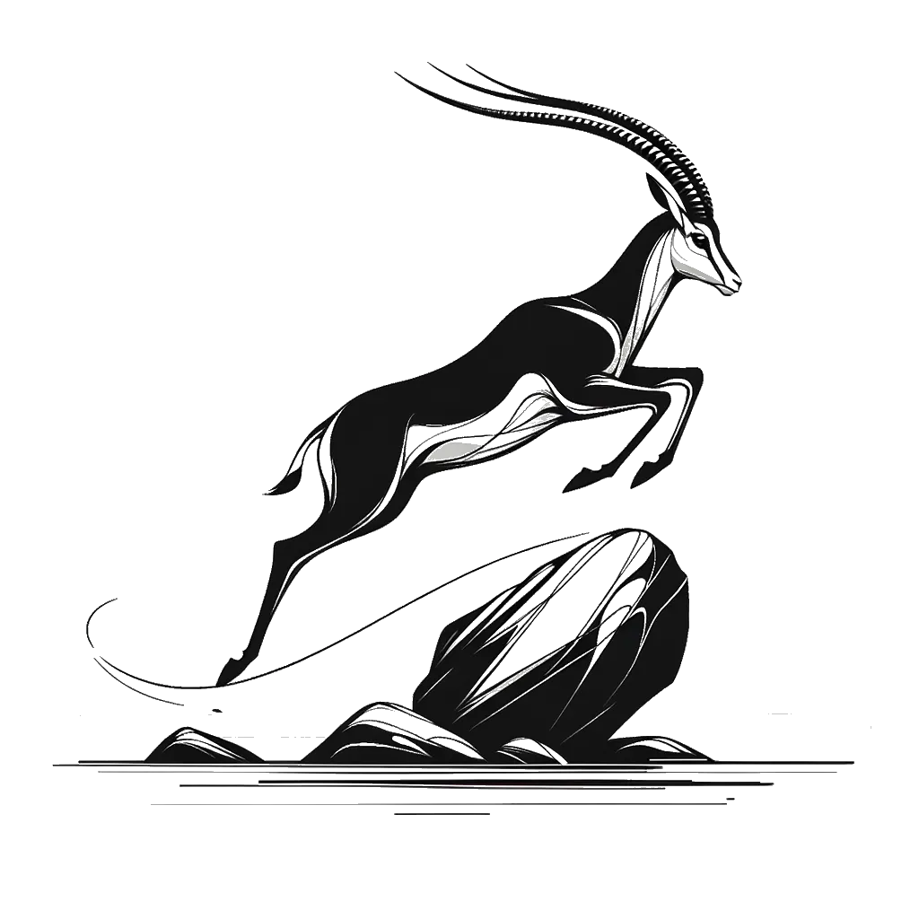 un dibujo de una gacela saltando sobre una roca representando el tema de Obstáculos en blanco y negro.