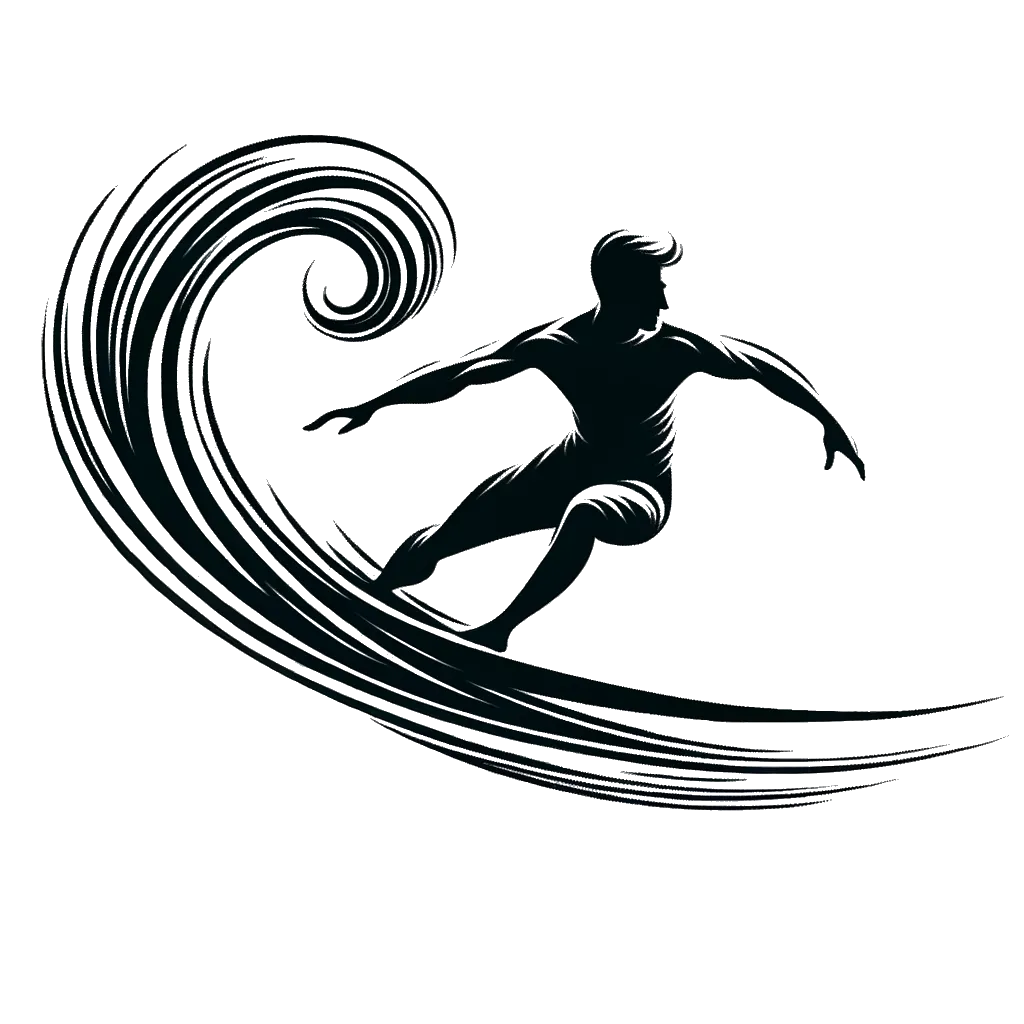un dibujo de un surfista surfeando una ola representando el tema de Océano en blanco y negro.