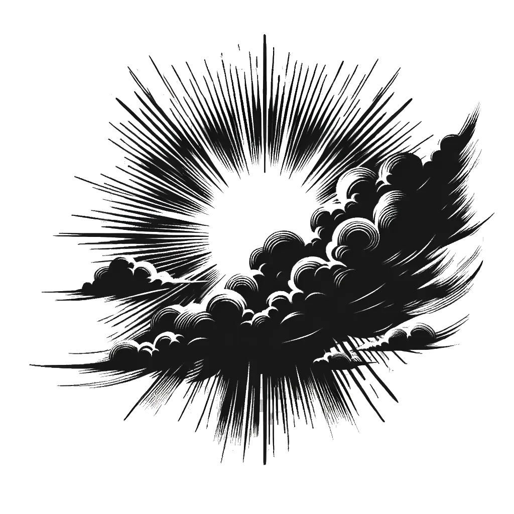 un dibujo de rayos de sol brillando a través de nubes oscuras representando el tema de Omnipresencia en blanco y negro.