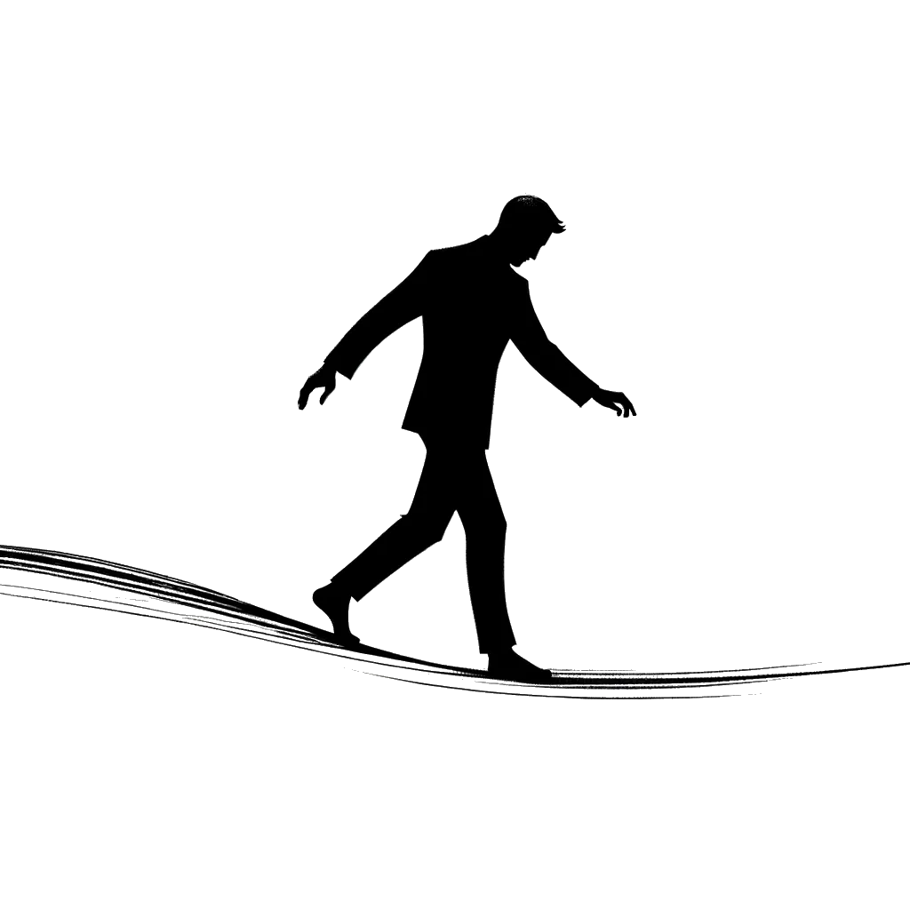 un dibujo de un hombre caminando a lo largo de una línea y perdiendo el equilibrio representando el tema de Ondeante en blanco y negro.