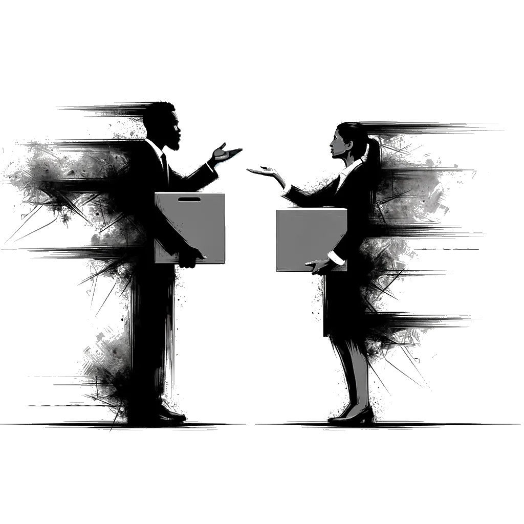 un dibujo de dos personas debatiendo sobre cajas de despacho representando el tema de Opiniones en blanco y negro.