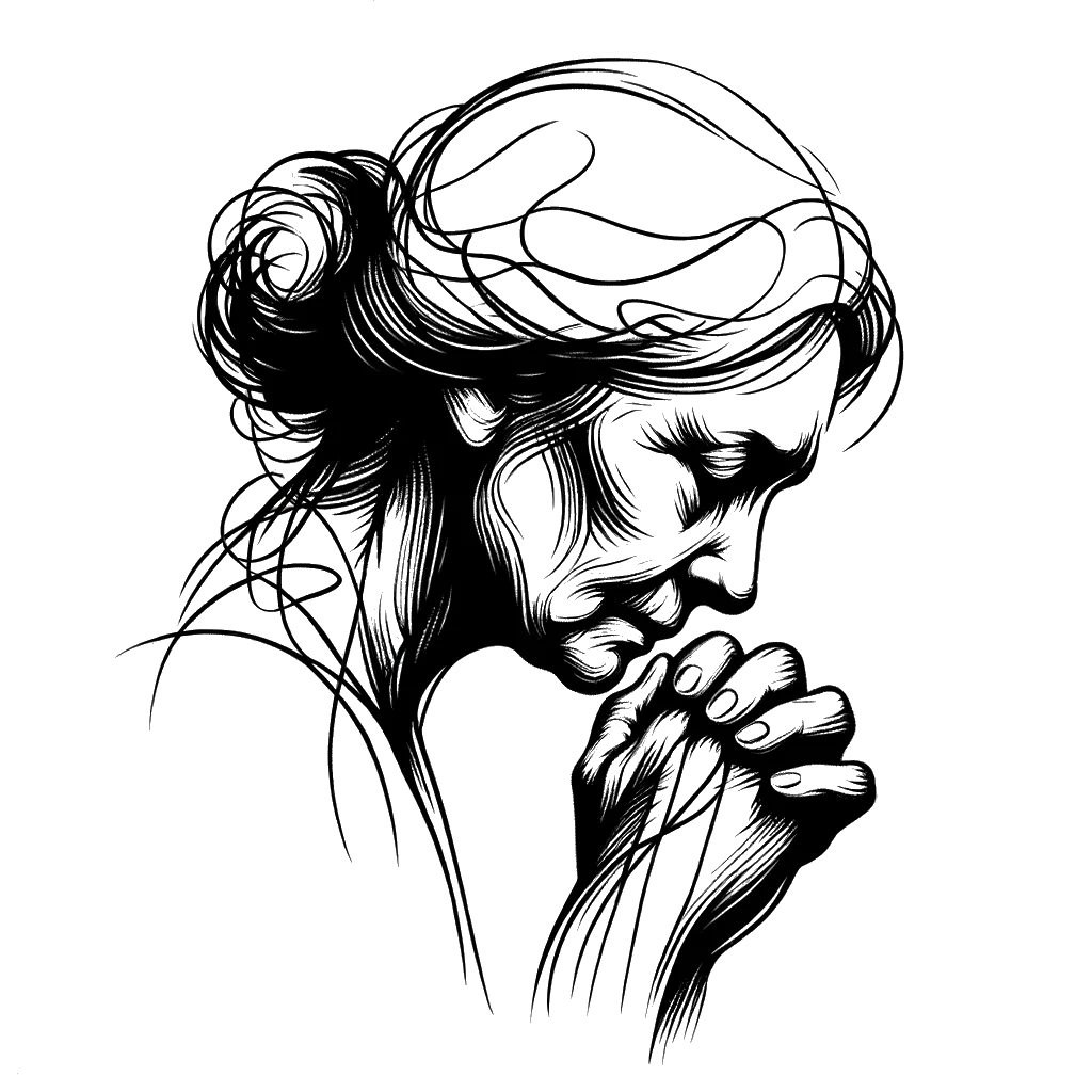 un dibujo de una mujer mayor rezando pero con aspecto triste representando el tema de Oración sin Respuesta en blanco y negro.