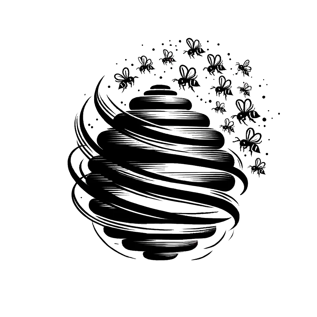 un dibujo de colmena con abejas entrando y saliendo representando el tema de Orden en blanco y negro.